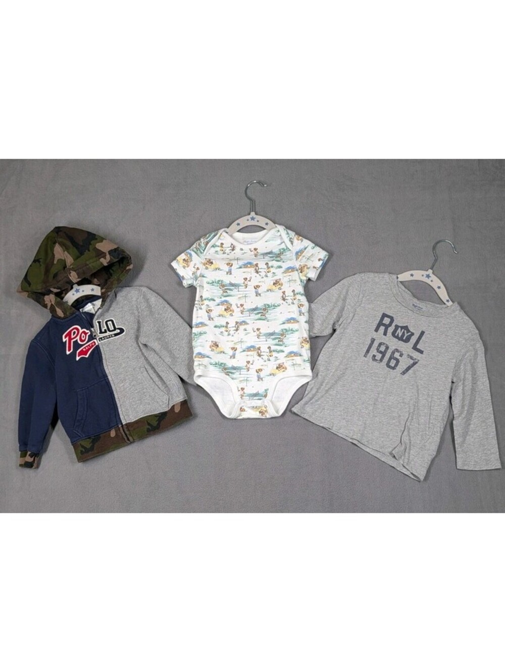 Polo Ralph Lauren Boys 24M Blue Gray Camo Polo Bear Hoodie Bodysuit 3pcs Lot